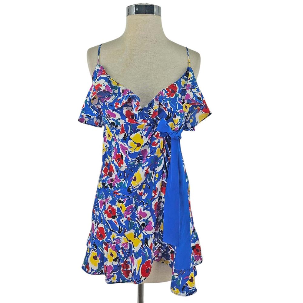 Topshop Blue Floral Strappy Wrap micro Mini Dress tunic, 0 XS